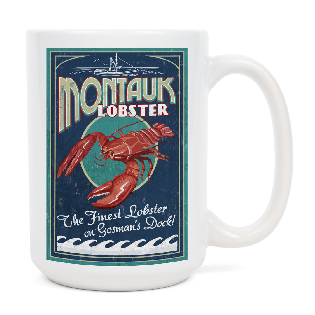 Montauk, New York, Lobster Vintage Sign, Lantern Press Artwork, Ceramic Mug