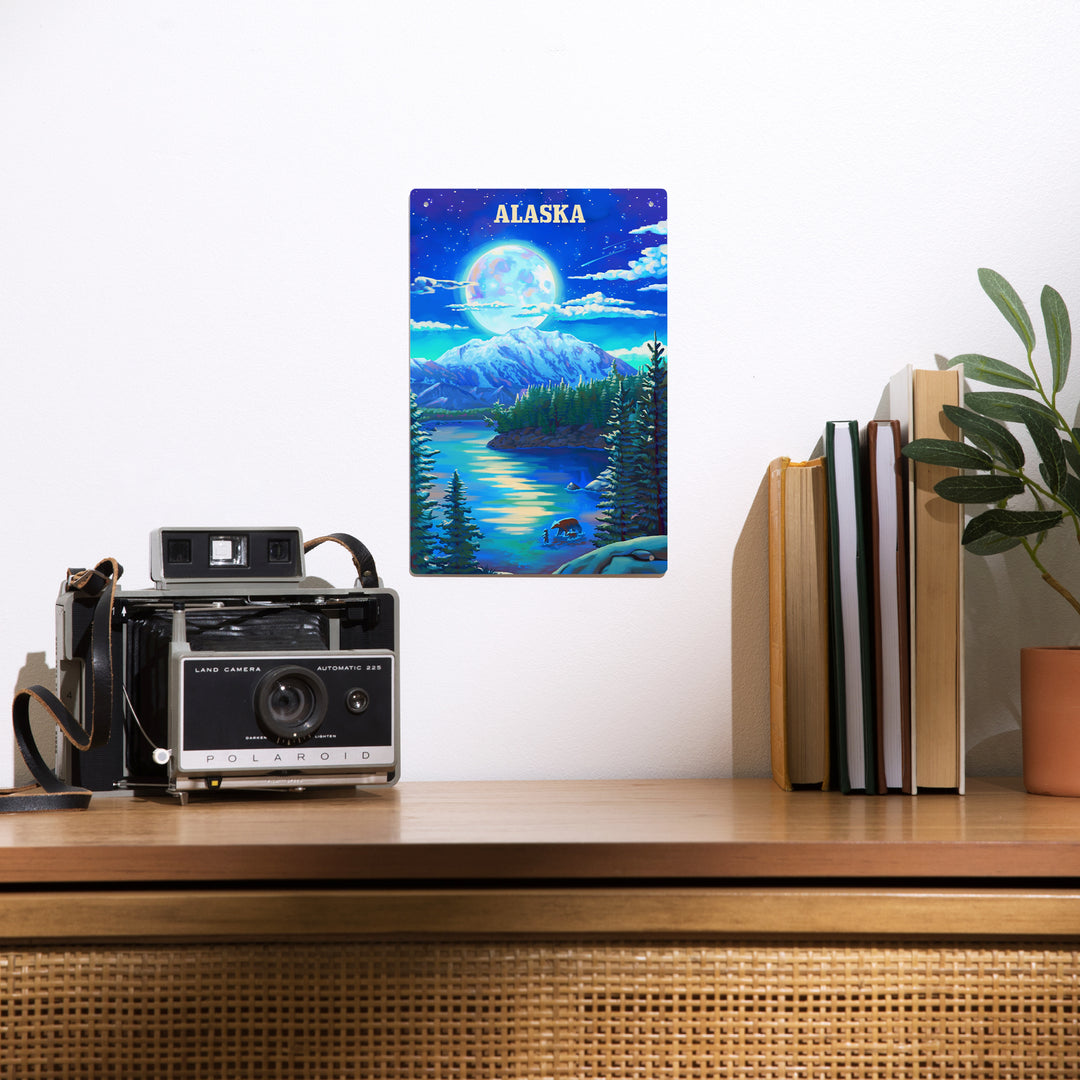 Alaska, Oil Painting, Lake and Super Moon, 12x18 Metal Sign