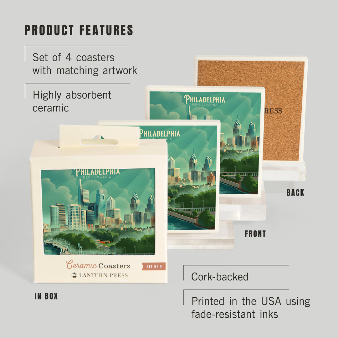 Philadelphia, Pennsylvania, Lithograph, City Series, Coasters