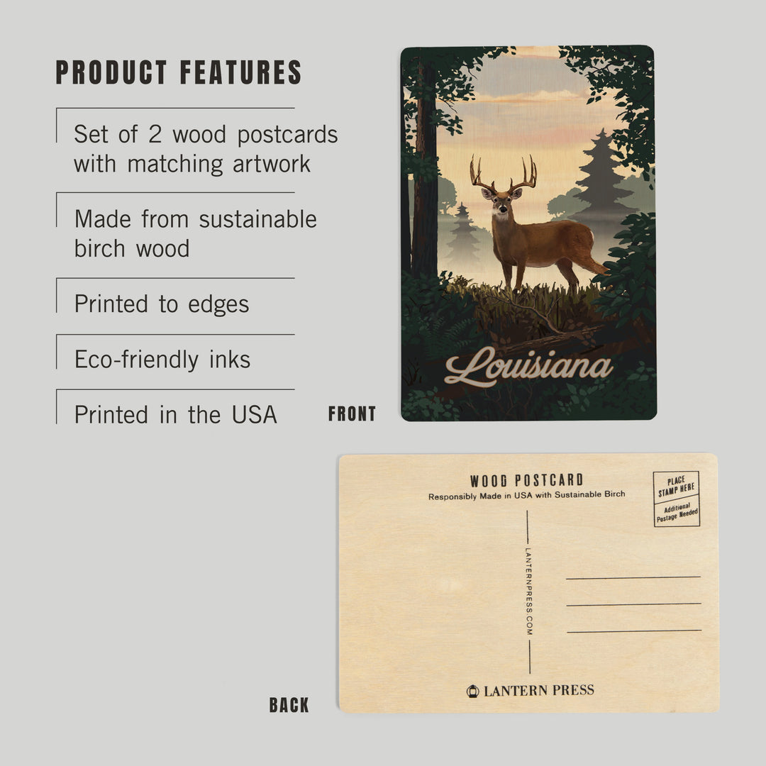 Louisiana, Painterly, Deer and Sunrise, Wood Sign and Postcards
