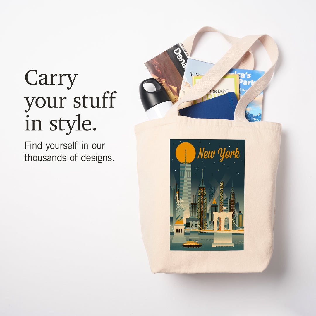 New York City, Retro Skyline Series, Lantern Press Artwork, Tote Bag