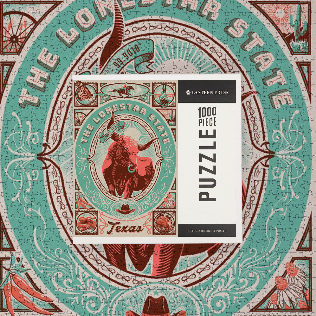 Texas, Woodcut Menagerie Series, The Lone Star State, 1000 Piece Jigsaw Puzzle