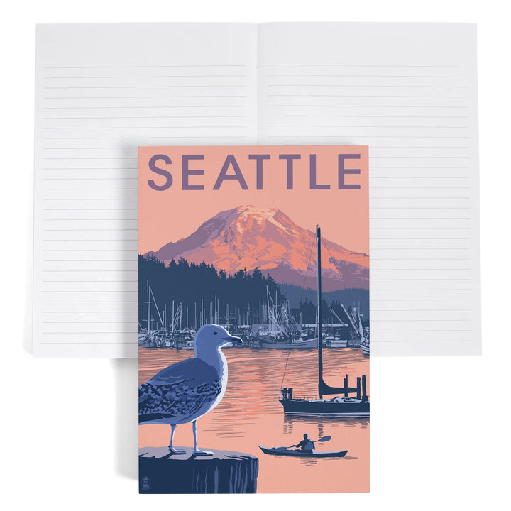 Lined 6x9 Journal, Seattle, Washington, Marina and Rainier at Sunset, Lay Flat, 193 Pages, FSC paper