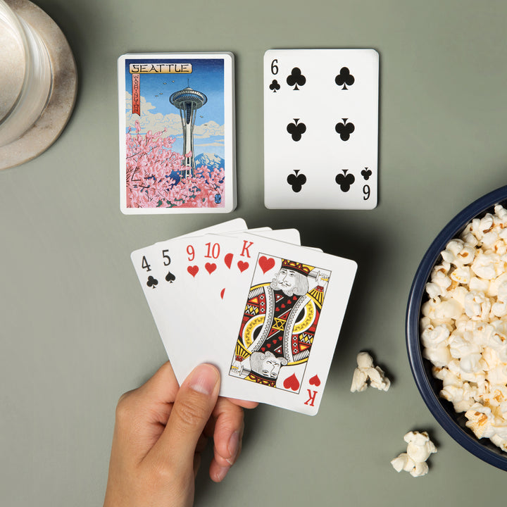 Playing Cards, Space Needle, Cherry Blossoms Woodblock, Seattle, Washington, 52 Card Deck with Jokers in Box, Unique Art