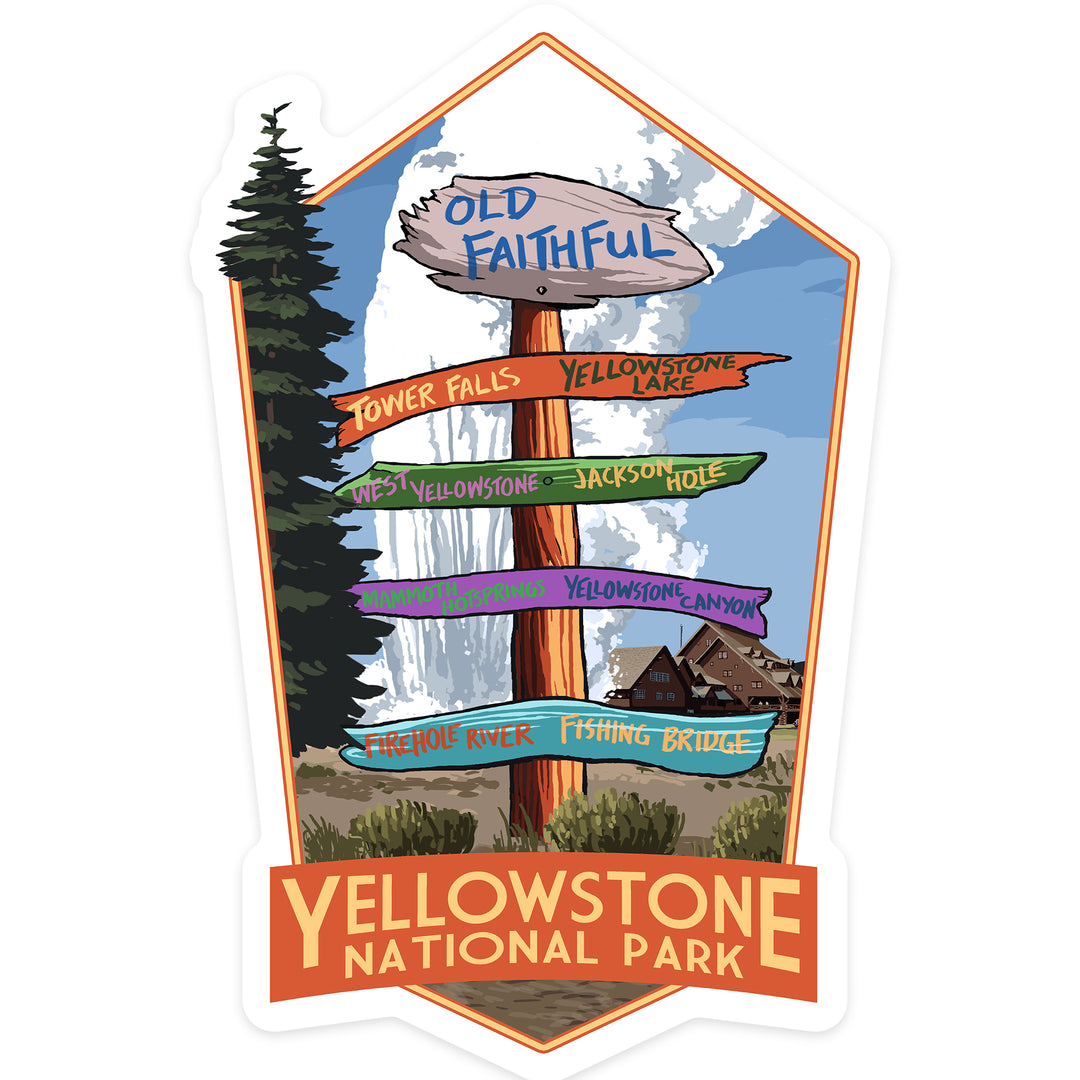 Yellowstone National Park, Wyoming, Signpost, Contour, Lantern Press Artwork, Vinyl Sticker