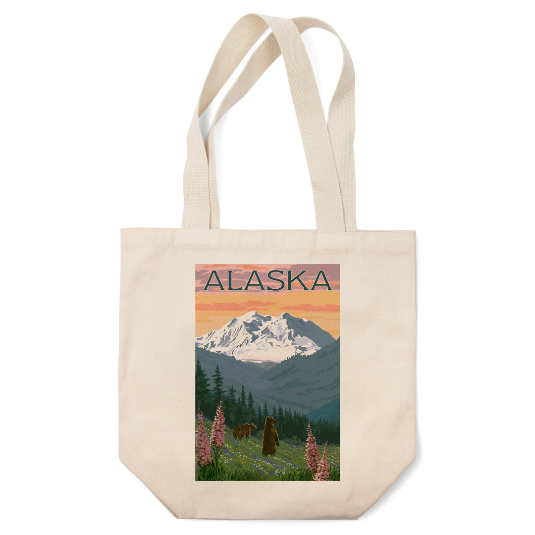 Alaska, Painterly, Grizzly Bear and Spring Flowers, Tote Bag