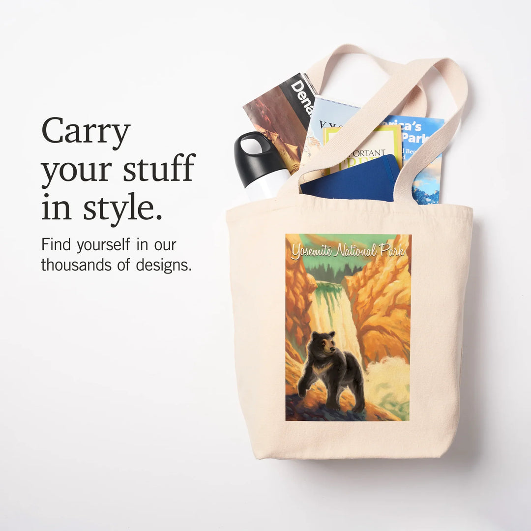 Yosemite National Park, California, Black Bear, Falls, Oil Painting, Tote Bag