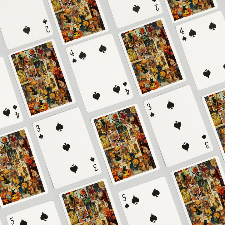 Playing Cards, Vintage Halloween Postcard Collage, 52 Card Deck with Jokers in Box, Unique Art