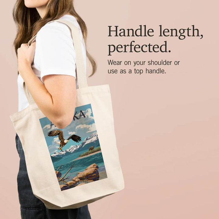 Alaska, Painterly, Lake Scene, Bald Eagle and Bear, Tote Bag