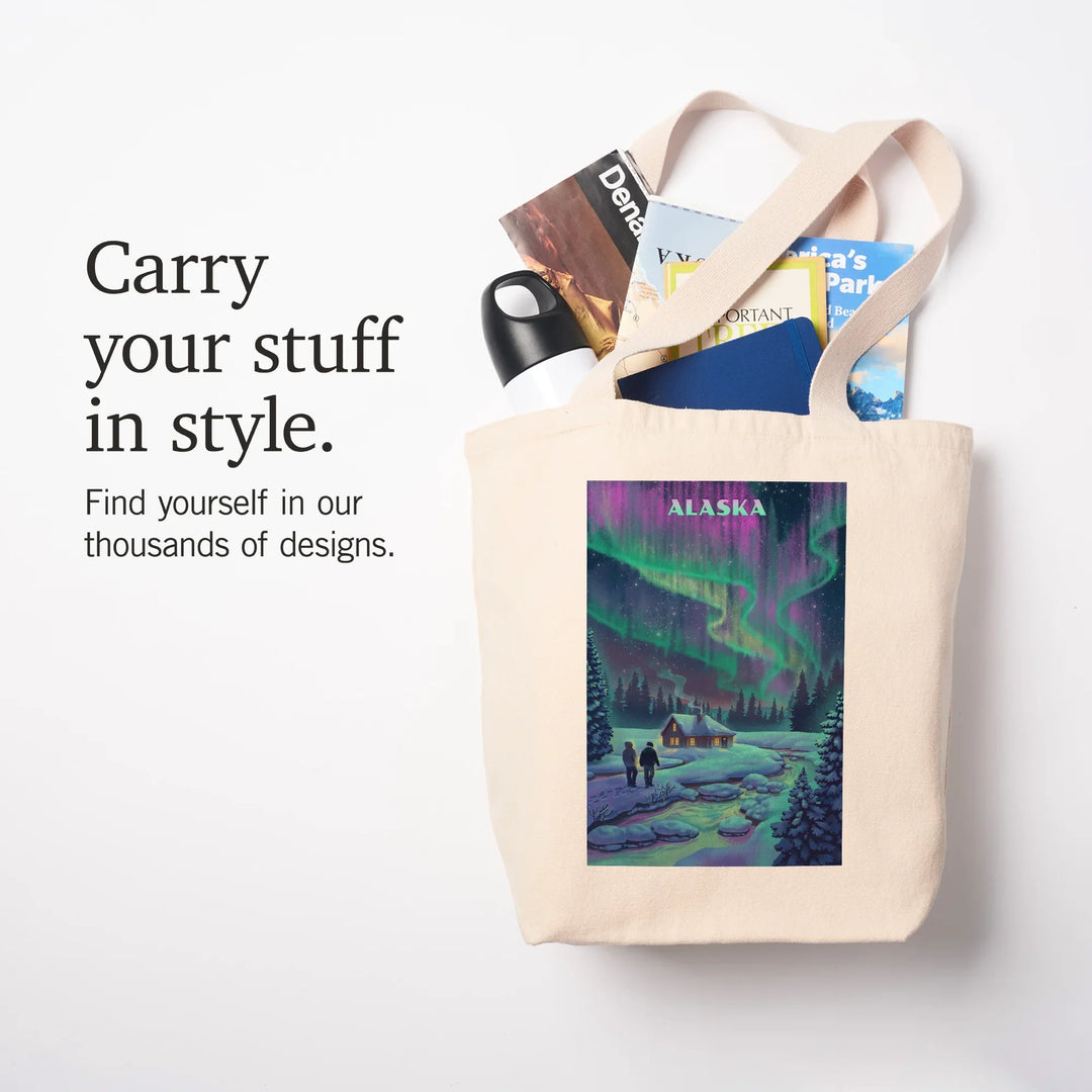 Alaska, Lithograph, Northern Lights and Cabin, Tote Bag