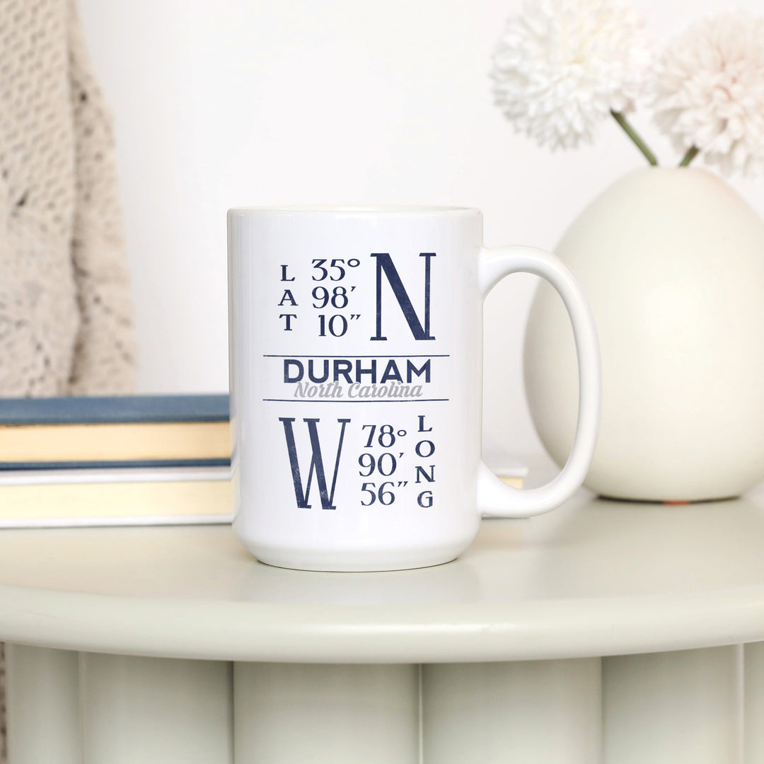Durham, North Carolina, Latitude & Longitude (Blue), Lantern Press Artwork, Ceramic Mug