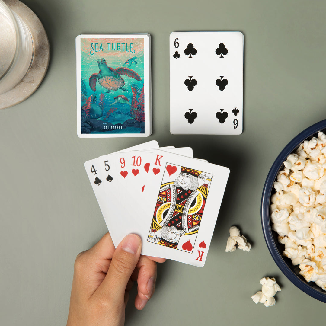 Playing Cards, California, Fluid Linework, Sea Turtle, 52 Card Deck with Jokers in Box, Unique Art