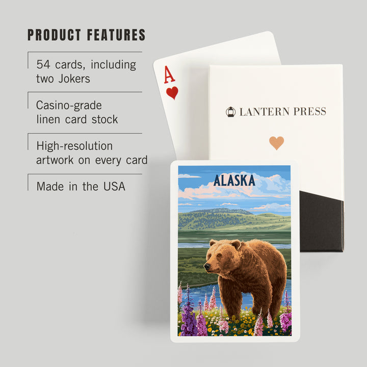 Playing Cards, Alaska, Painterly, Grizzly Bear in Meadow, 52 Card Deck with Jokers in Box, Unique Art