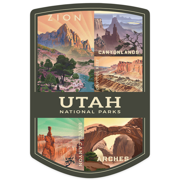 Utah's National Parks Collage, Lithograph National Park Series, Contour, Vinyl Sticker