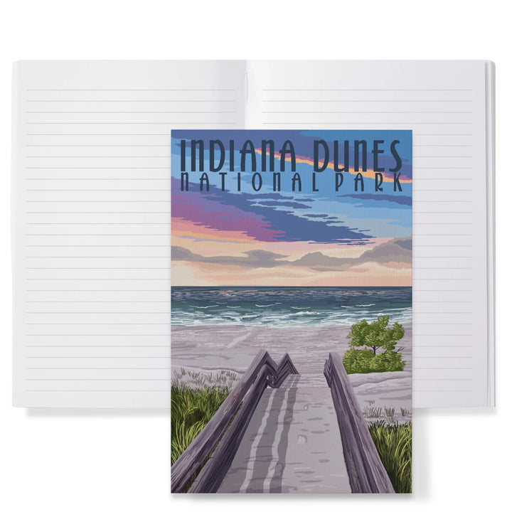 Lined 6x9 Journal, Indiana Dunes National Park, Lake Michigan, Beach Boardwalk Scene, Lay Flat, 193 Pages, FSC paper