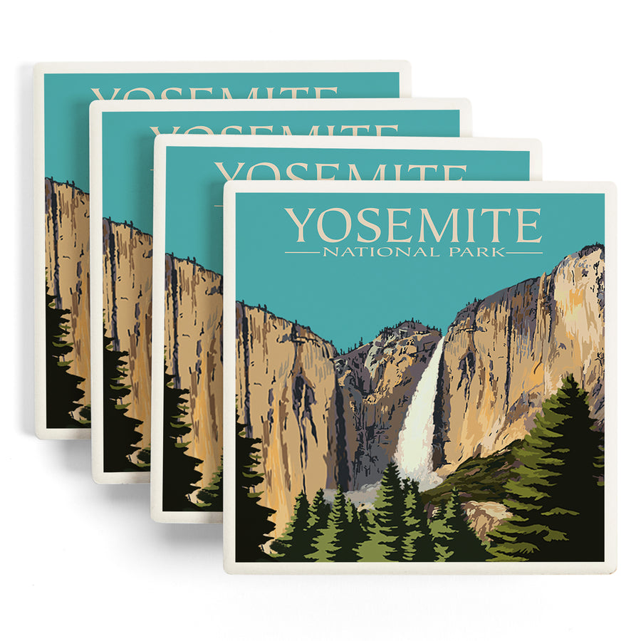 Yosemite National Park, California, Yosemite Falls, Lantern Press Artwork, Coaster Set