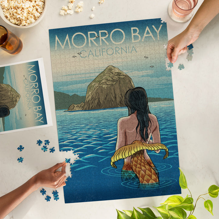 Morro Bay, California, Mermaid, Woodblock, 1000 Piece Jigsaw Puzzle
