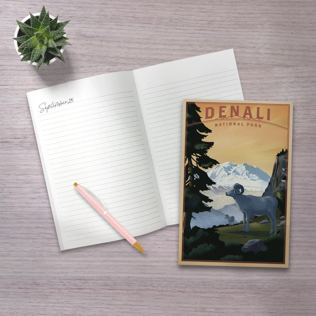 Lined 6x9 Journal, Denali National Park, Alaska, Dall Sheep and Mountain, Lithograph National Park Series, Lay Flat, 193 Pages, FSC paper