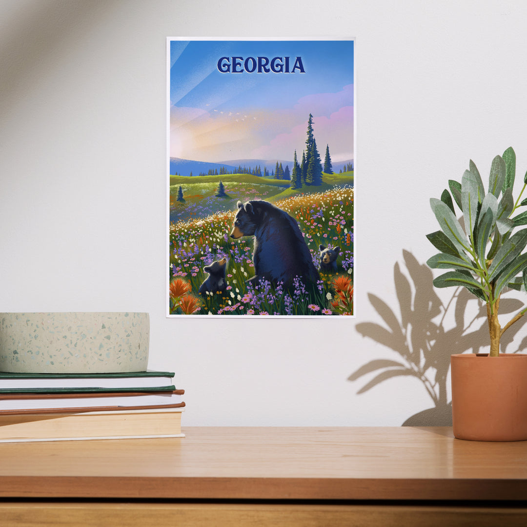 Georgia, Lithograph, Bear Family in Field, Art & Giclee Prints - Lantern Press