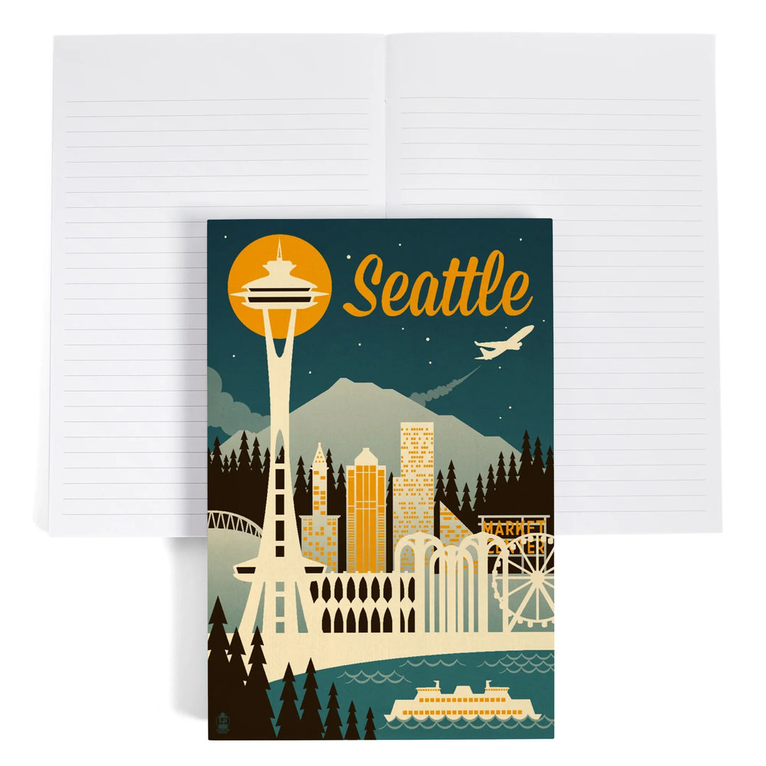 Lined 6x9 Journal, Seattle, Washington, Retro Skyline, Lay Flat, 193 Pages, FSC paper