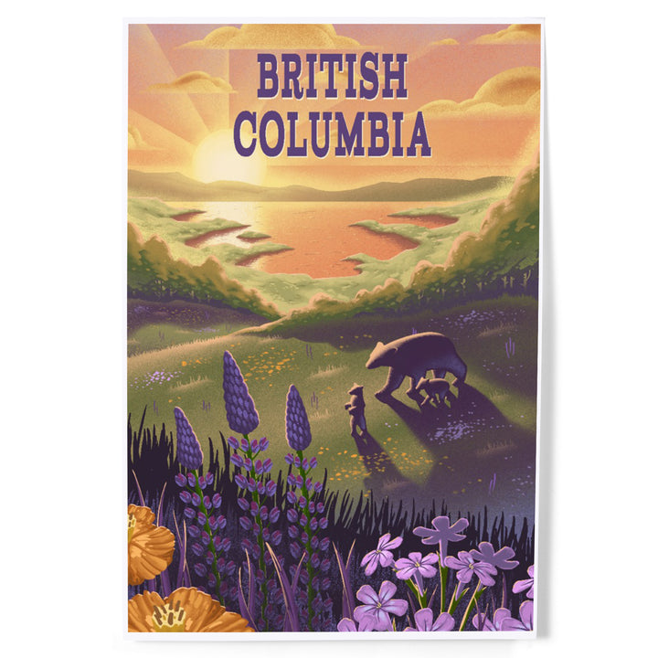 British Columbia, Lithograph, Bear and Spring Flowers, Lake, Art & Giclee Prints