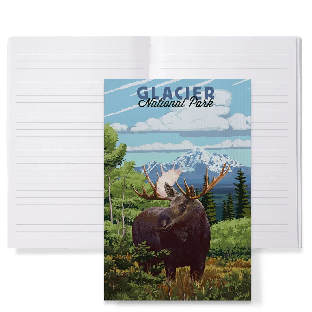Lined 6x9 Journal, Glacier National Park, Montana, Moose and Mountain Landscape, Lay Flat, 193 Pages, FSC paper