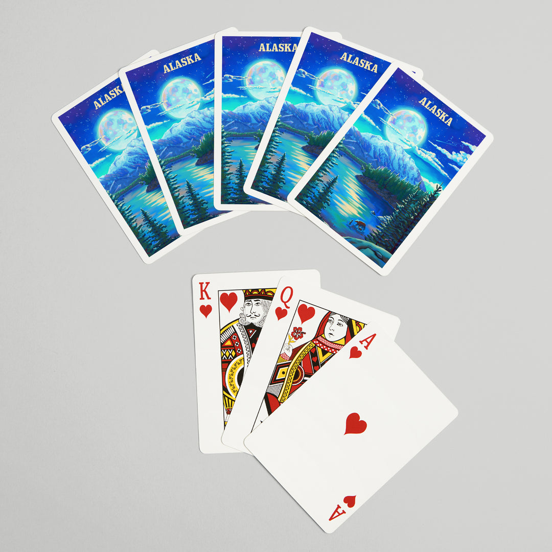 Playing Cards, Alaska, Oil Painting, Lake and Super Moon, 52 Card Deck with Jokers in Box, Unique Art