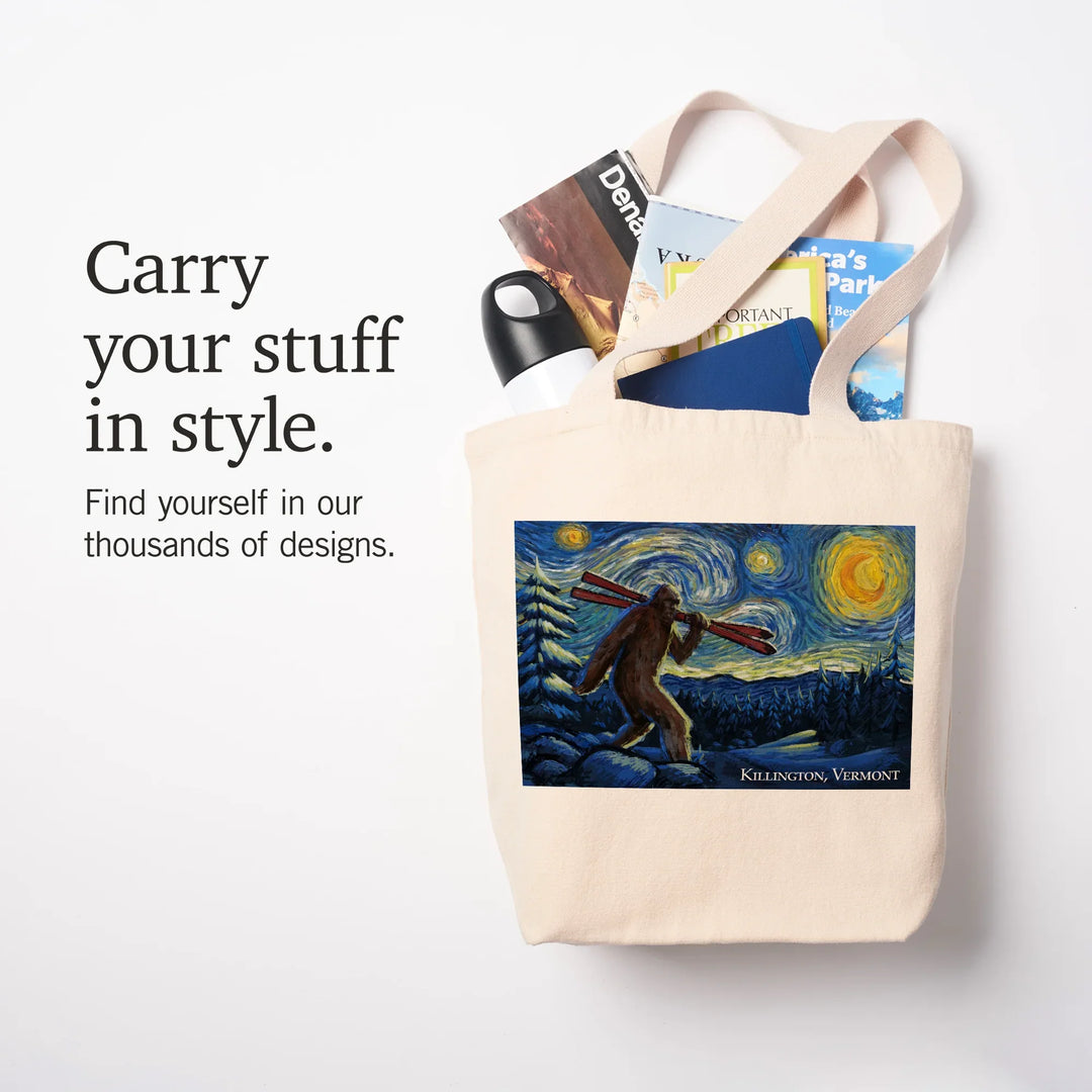 Killington, Vermont, Starry Night, Winter Bigfoot with Skis, Tote Bag
