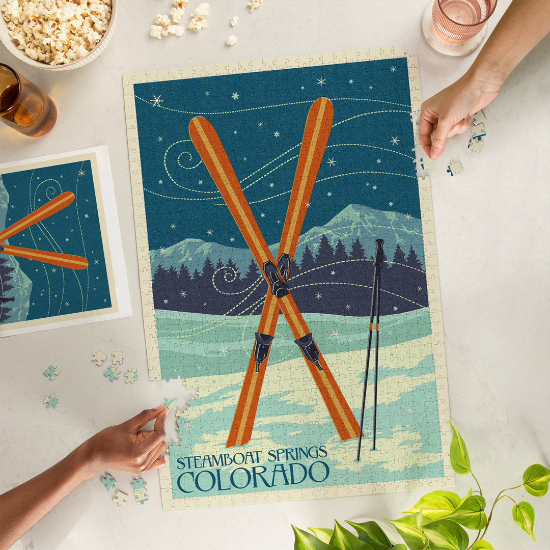 Steamboat Springs, Colorado, Crossed Skis, Letterpress, Jigsaw Puzzle