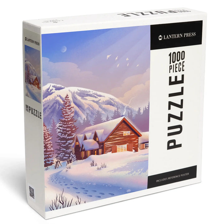 Lithograph, Mountain Lodge, Winter Scene, Jigsaw Puzzle