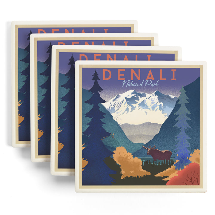 Denali National Park, Alaska, Mountain Scene, Lithograph, Coasters