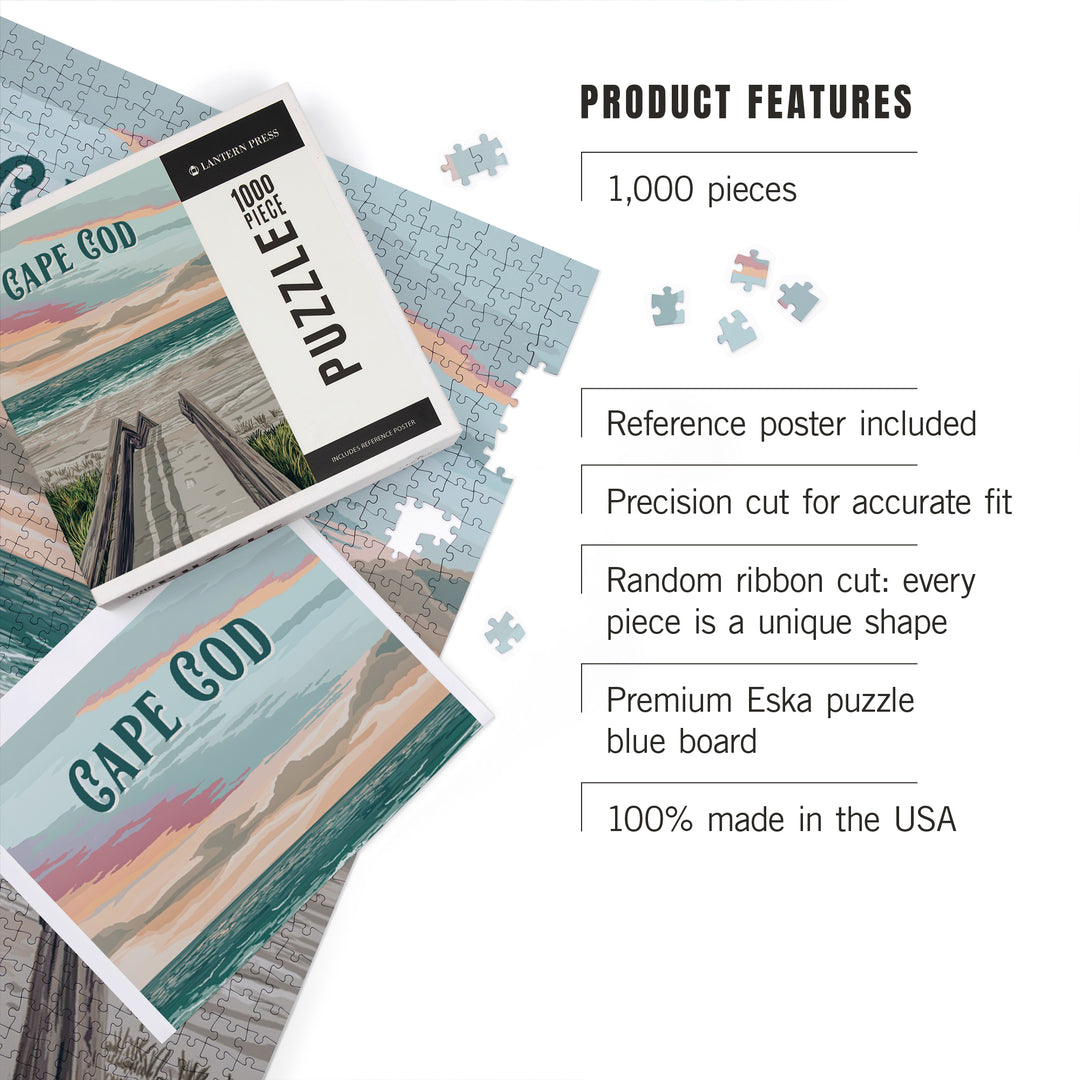 Cape Cod, Massachusetts, Painterly, Beach Boardwalk Scene, 1000 Piece Jigsaw Puzzle