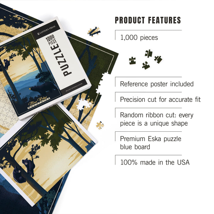 Blue Ridge Mountains, Black Bears, Lithograph, 1000 Piece Jigsaw Puzzle