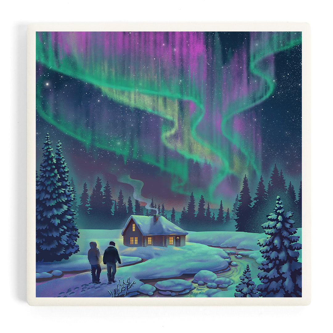 Lithograph, Northern Lights and Cabin, Coasters