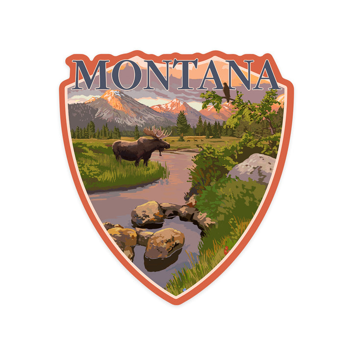 Montana, Moose and Mountain Stream at Sunset, Contour, Vinyl Sticker