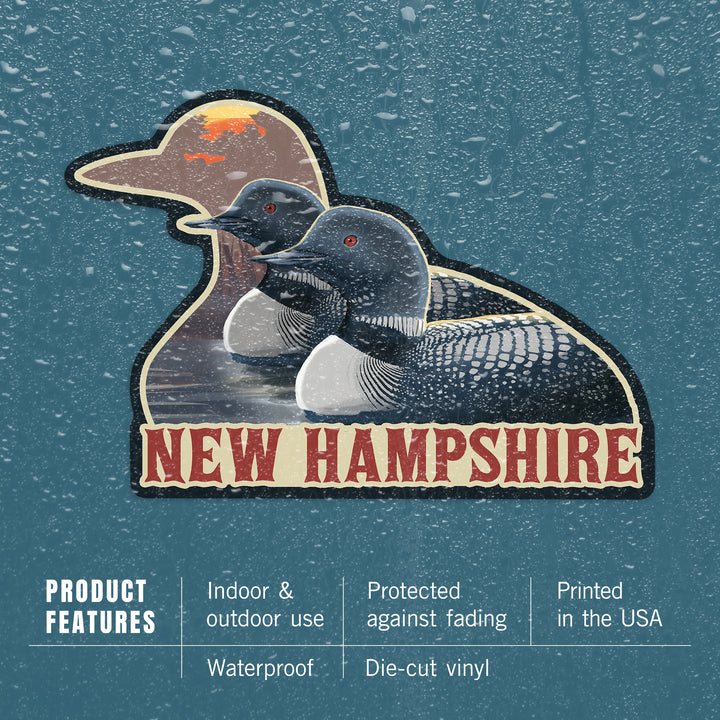 New Hampshire, Loons, Contour, Lantern Press Artwork, Vinyl Sticker