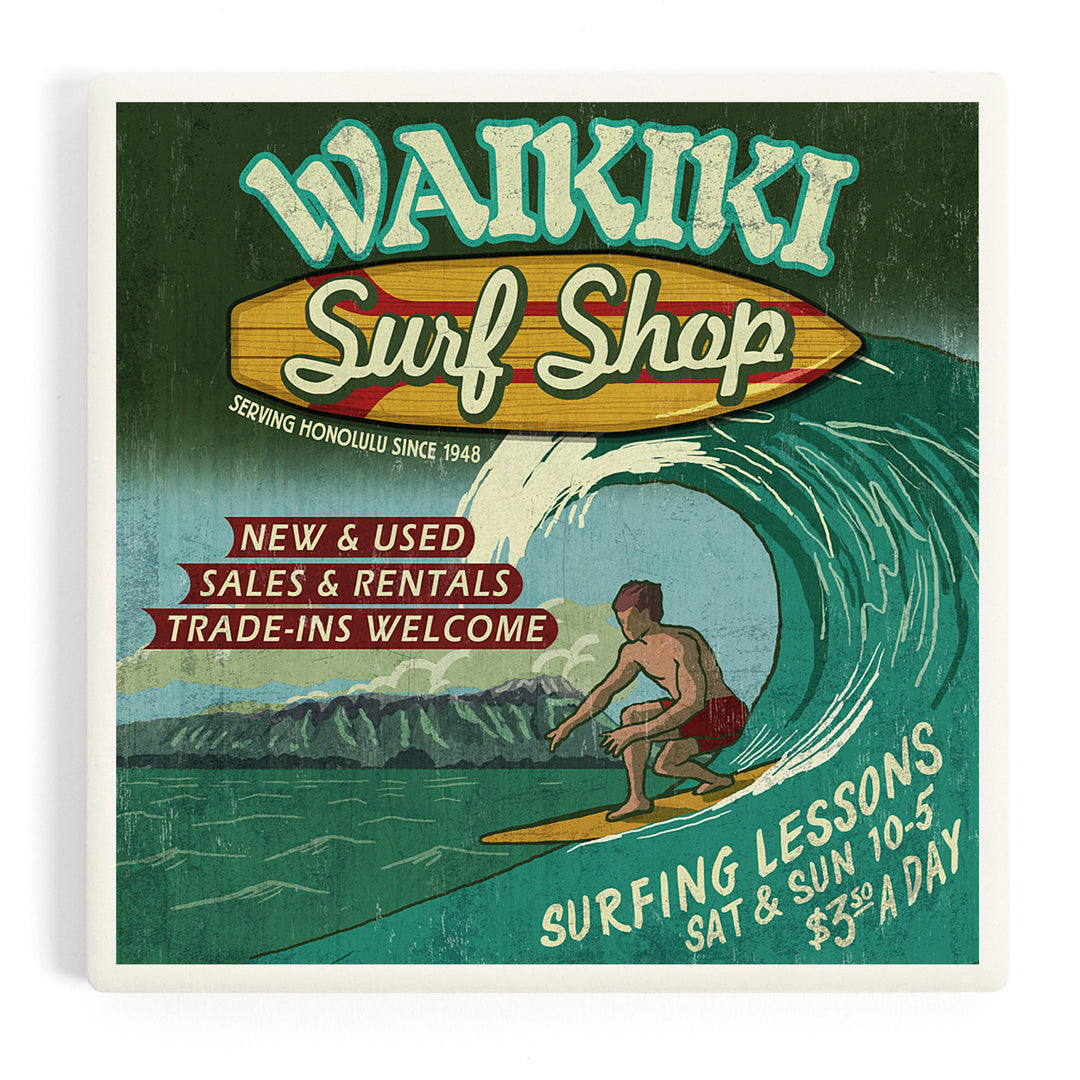 Waikiki Beach, Hawaii, Surf Shop Vintage Sign, Coasters