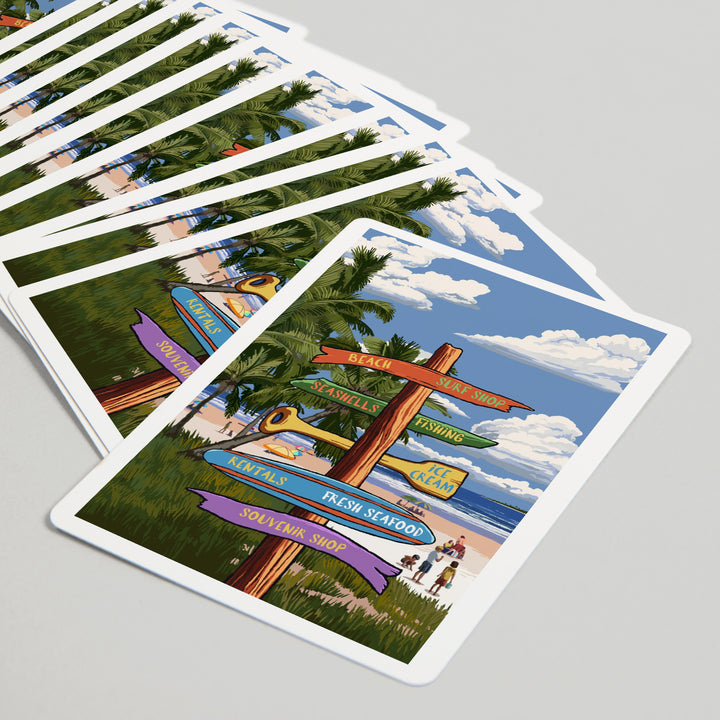 Playing Cards, Signpost, Coast Beach with Palms, 52 Card Deck with Jokers in Box, Unique Art