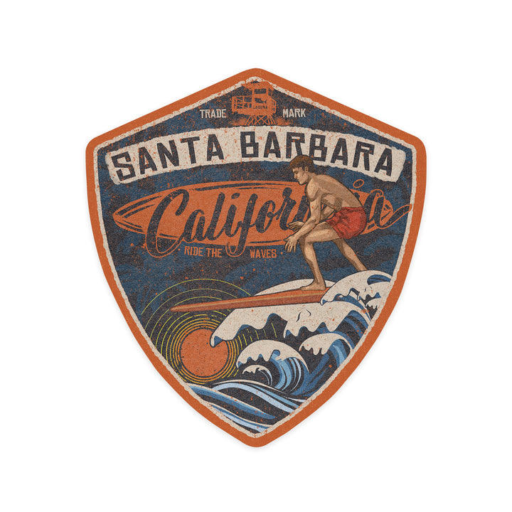 Santa Barbara, California, Surfer Scene, Contour, Lantern Press Artwork, Vinyl Sticker