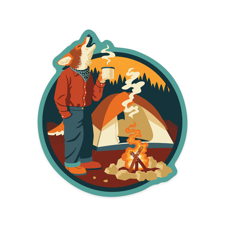 Camping Coyote, Contour, Lantern Press Artwork, Vinyl Sticker