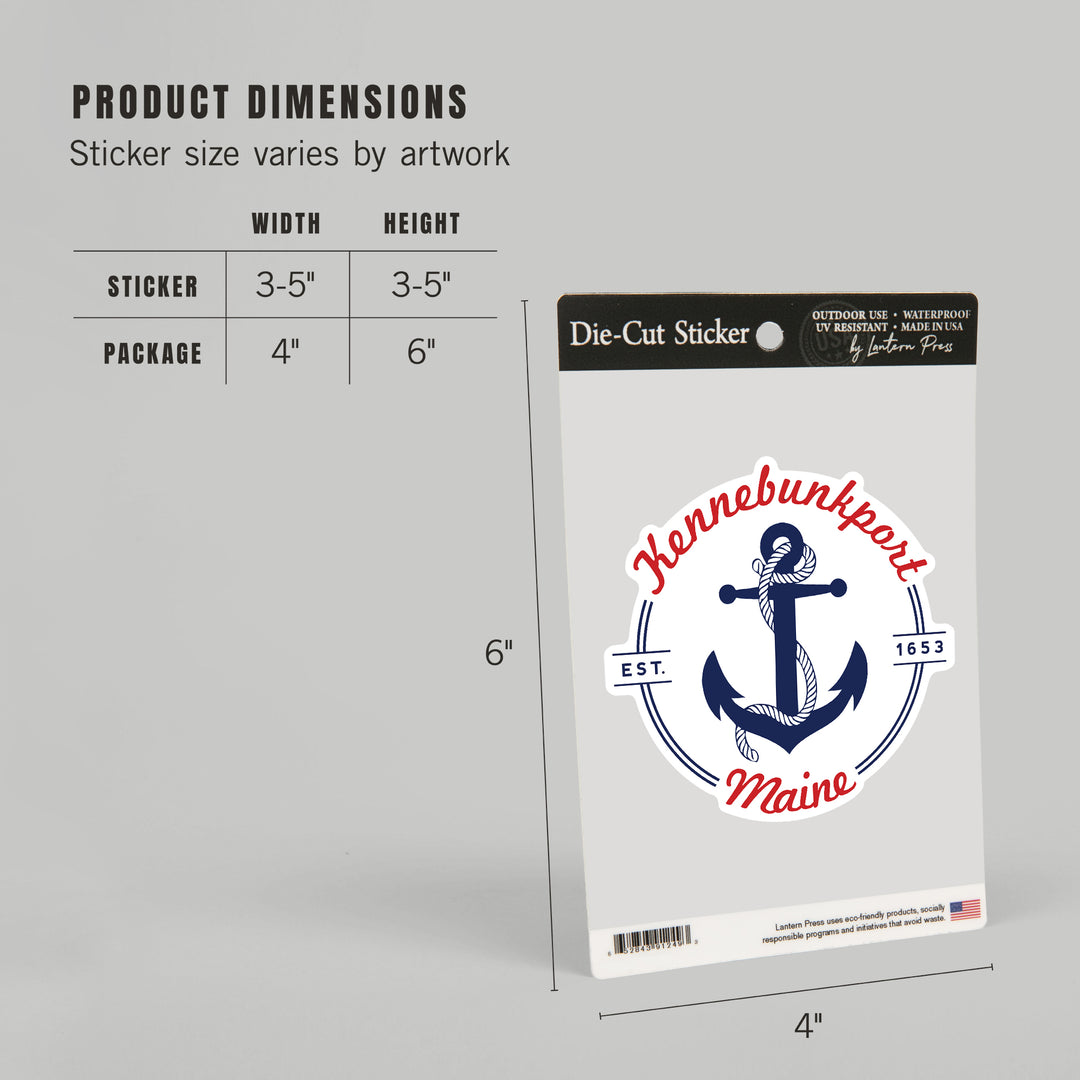 Kennebunkport, Maine, Blue and White Anchor, Red Font, Contour, Vinyl Sticker