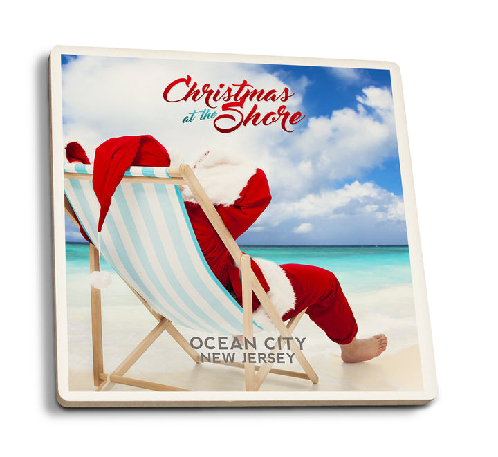 Ocean City, New Jersey, Christmas by the Shore, Santa on the Beach, Sentiment, Coaster Set