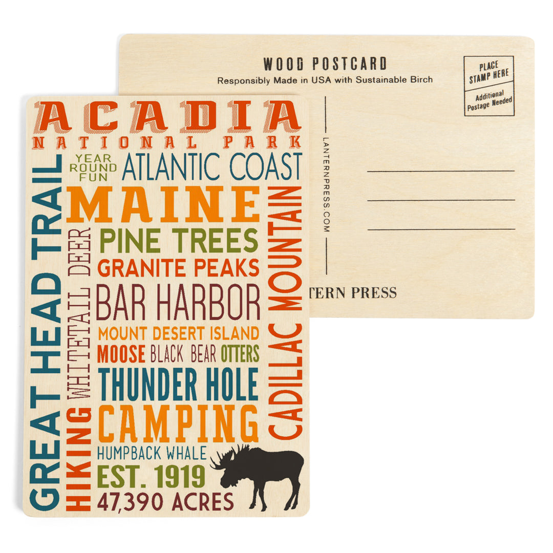 Acadia National Park, Maine, Typography, Wood Sign and Postcards