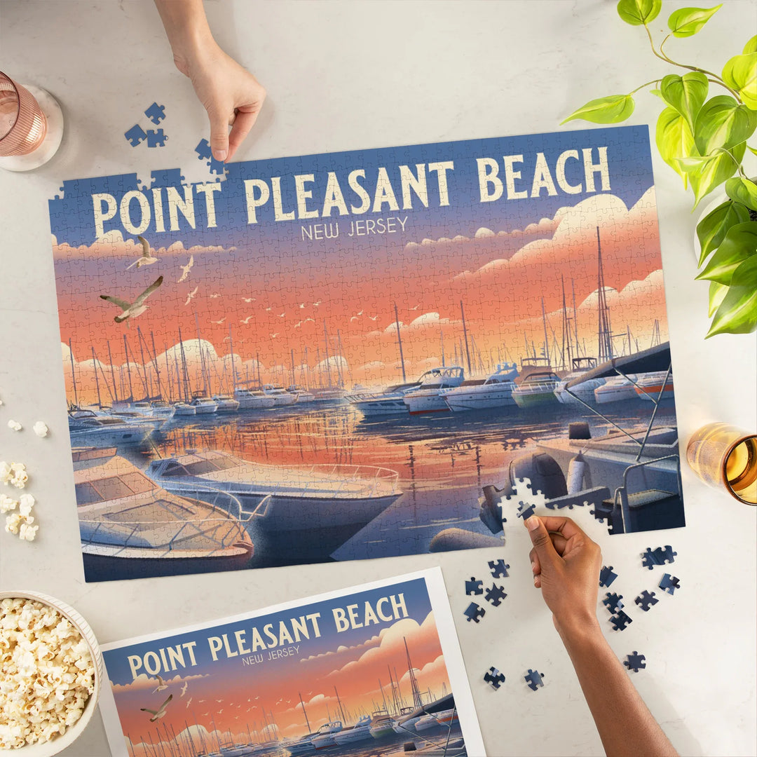 Point Pleasant Beach, New Jersey, Lithograph, Home Sweet Harbor, Boats in Marina, 1000 Piece Jigsaw Puzzle