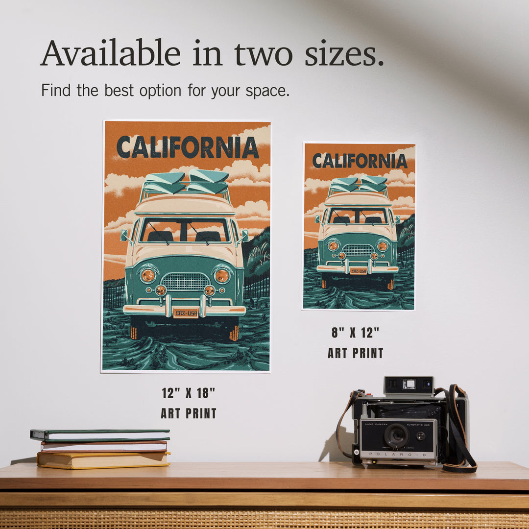 California, Letterpress, Camper Van, Art & Giclee Prints