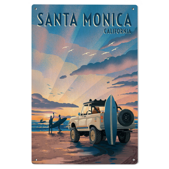 Santa Monica, California, Lithograph, Wake Up! Surf's Up!, Surfers on Beach, Wood Signs and Postcards