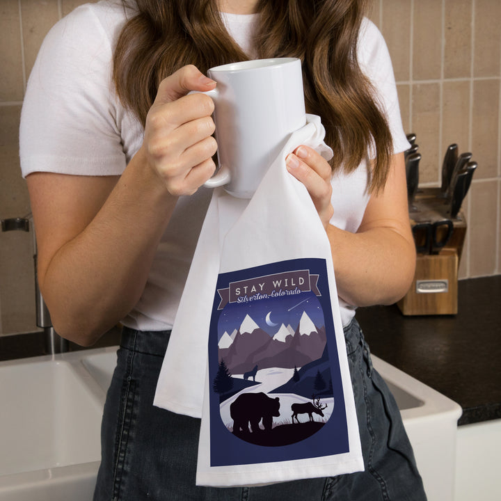 Silverton, Colorado, Stay Wild, Bear and Mountain Silhouette, Contour, Organic Cotton Kitchen Tea Towels