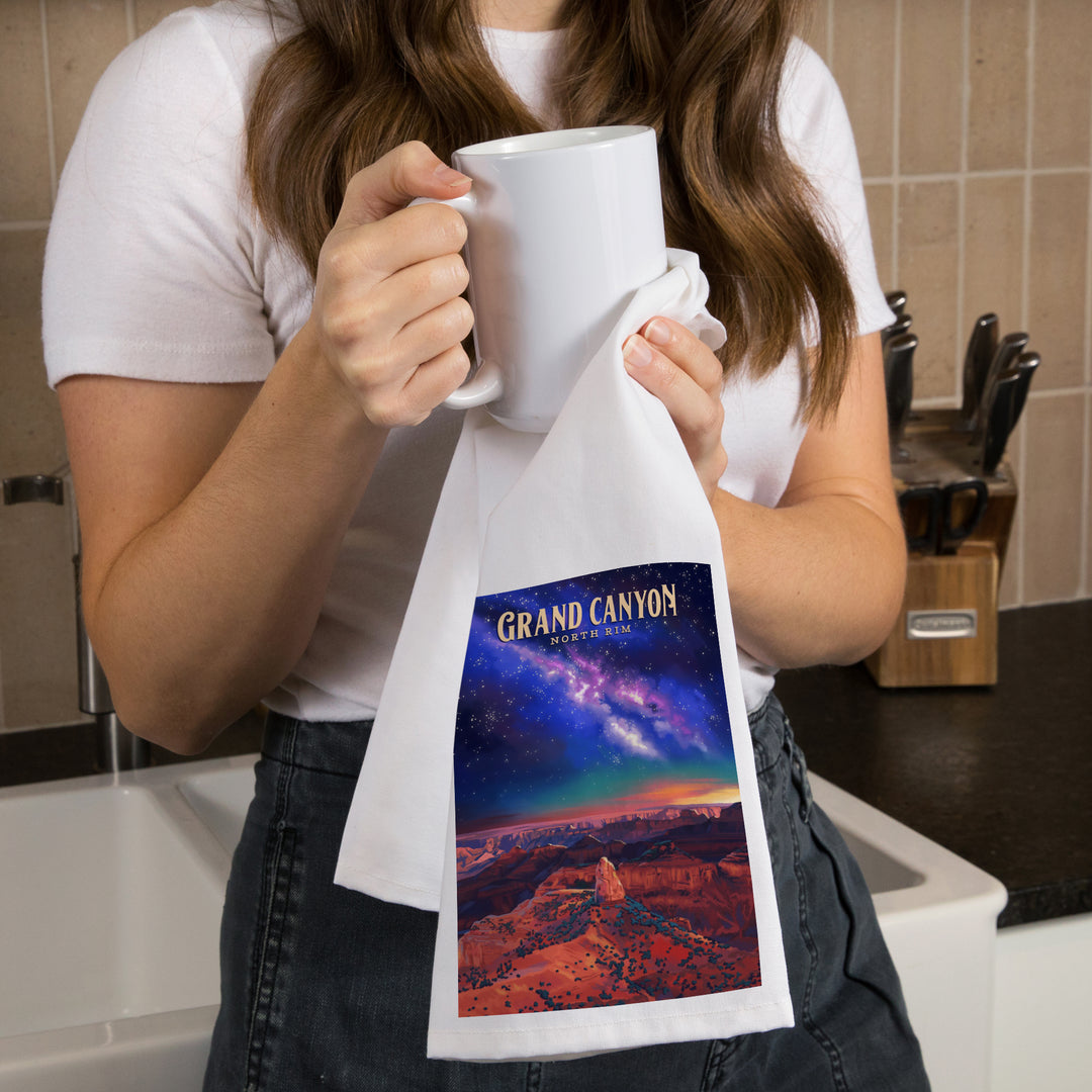 North Rim, Arizona, Oil Painting, Grand Canyon with Stars and Milky Way, Organic Cotton Kitchen Tea Towels