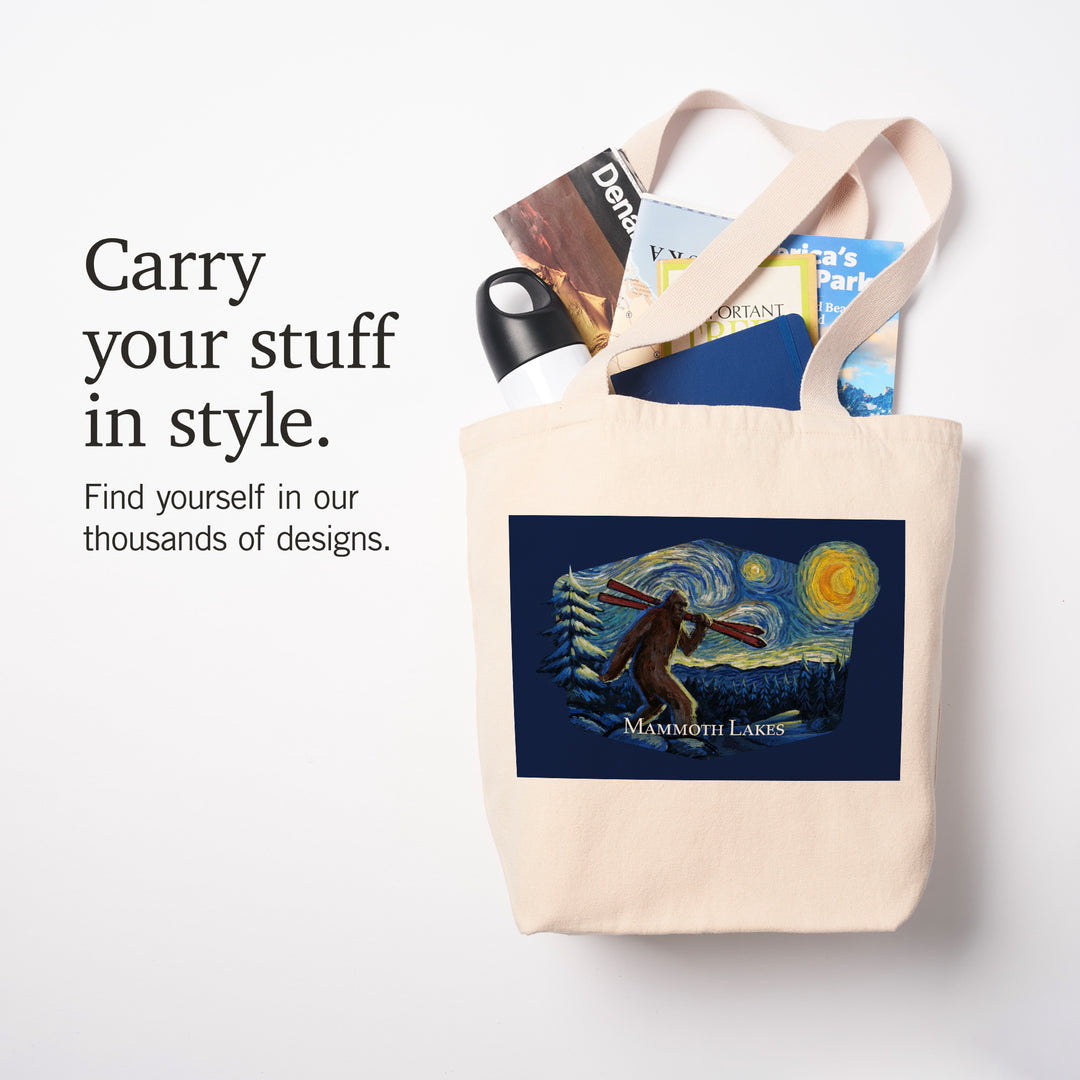 Mammoth Lakes, California, Winter Bigfoot with Skis, Starry Night, Contour, Tote Bag