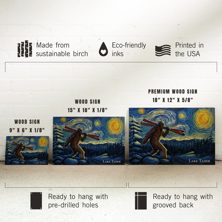 Lake Tahoe, California, Starry Night, Winter Bigfoot with Skis, Wood Signs and Postcards
